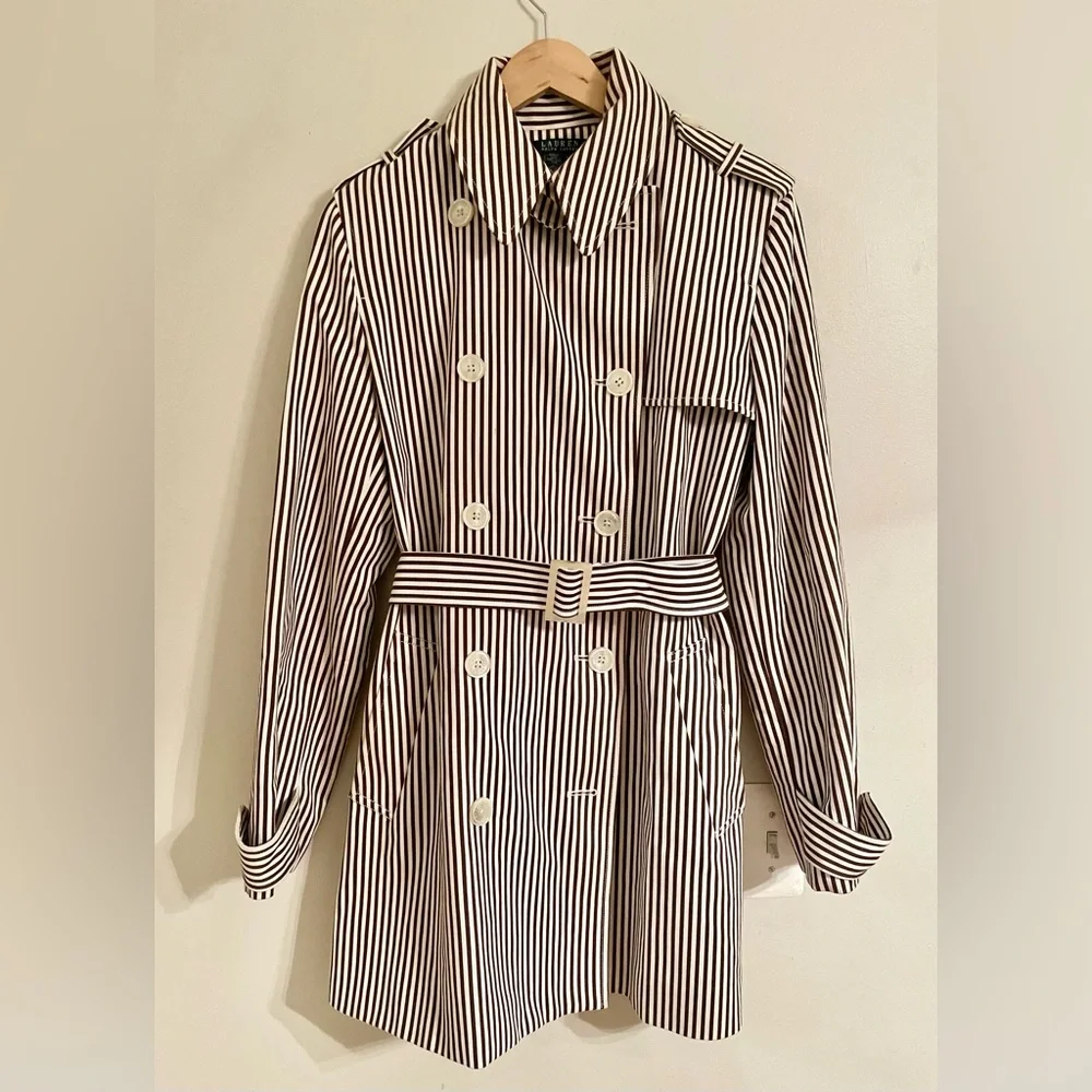 Lauren Ralph Lauren Women's Double Breasted Trench Coat Striped Coat Large - Picture 1 of 15